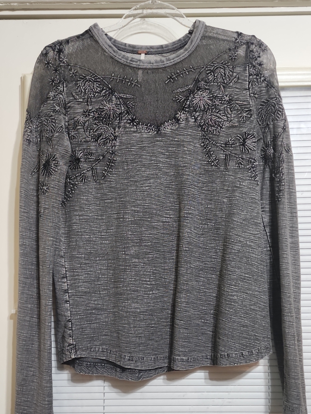 Free People Gray Embroidered Sheer Yoke Long Sleeve Tee